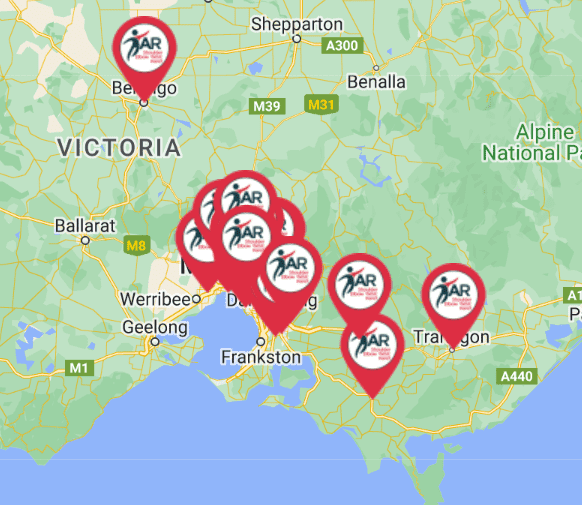 Map of Action Rehab clinic locations across Melbourne, Bendigo & Gippsland