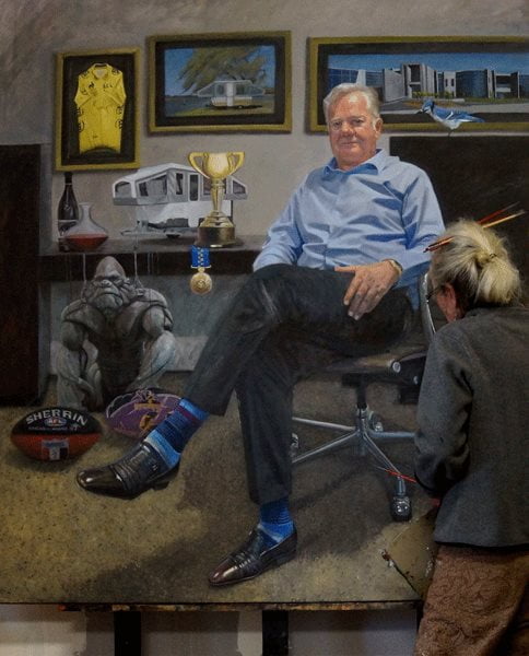 Adelaide Hills portrait artist Avril Thomas painting a commissioned masterpiece in oils at Avril Thomas Gallery, Magpie Springs – specialist in contemporary realist portraits and portraiture in Australia.