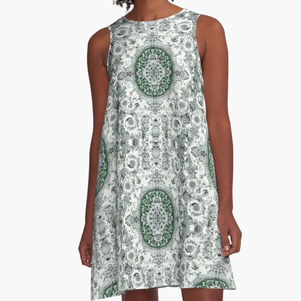 Cut a Rug A-line dress by Adelaide artist Avril Thomas at Magpie Springs – vintage ornate carpet print with symmetrical green, white, and black floral motifs from wedding dance floor, all-over elegant boho design on flowy women's dress for sale

