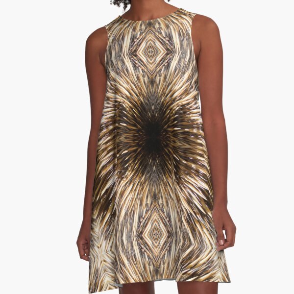 Close-up of bold echidna quills print on A-line dress fabric – intricate spiky texture from Magpie Springs vineyard wildlife photo by Avril Thomas, premium all-over Australian native design

