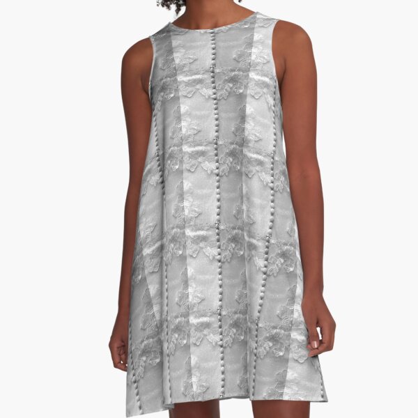 Buttons and Lace Wedding Art Print A-line dress by Adelaide artist Avril Thomas at Magpie Springs – black-and-white intricate lace and pearl buttons from bridal gown, romantic vineyard wedding design on flowy women's dress for sale

