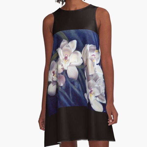 Pale Orchid Cluster A-line dress featuring large-format floral oil painting by Adelaide artist Avril Thomas – delicate pink orchids on blue background, flowy botanical print for women, buy online