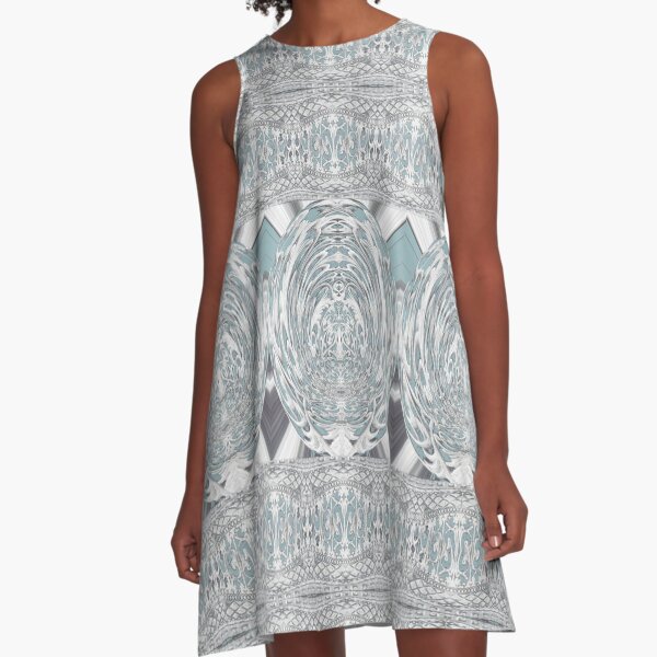 Soft Blue Lace A-line dress by Adelaide artist Avril Thomas at Magpie Springs – abstract swirling lace-inspired pattern in soft blues, whites, and grays with geometric overlays, all-over serene feminine design on flowy women's dress for sale

