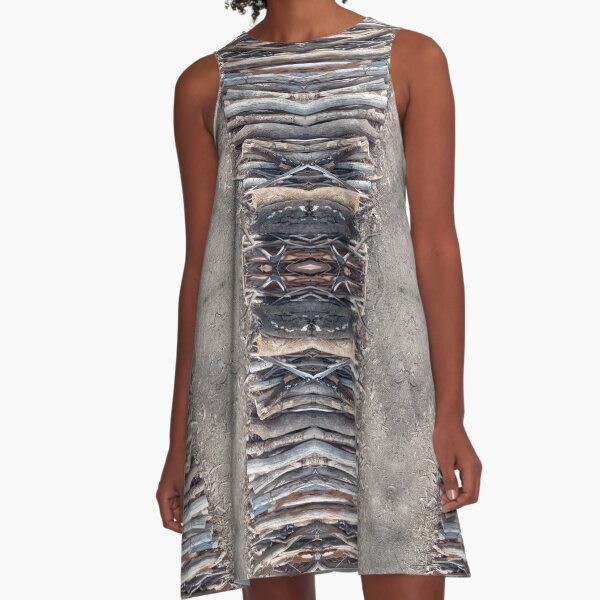 Sticks and Stones at Magpie Springs A-line dress by Adelaide artist Avril Thomas – rustic natural print of sticks, stones, and earthy textures from vineyard surroundings, all-over organic design on flowy women's dress for sale

