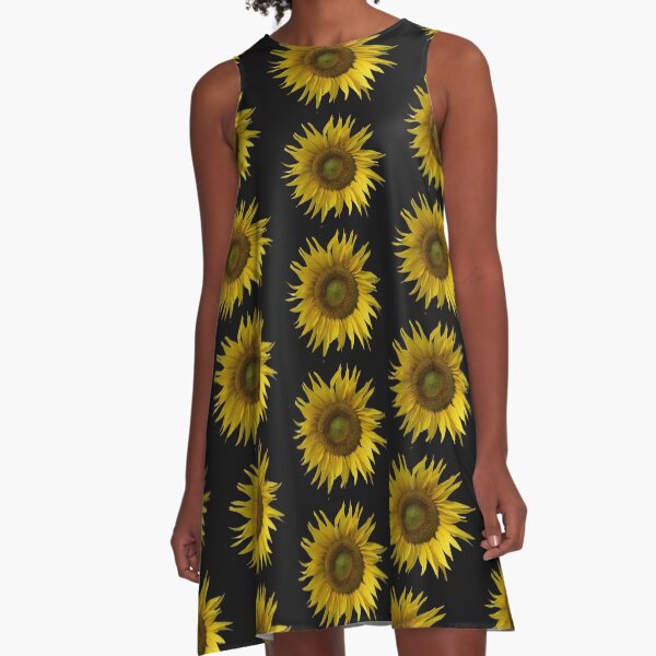Summer Sunflower A-line dress by Adelaide artist Avril Thomas at Magpie Springs – vibrant yellow petals and textured brown seed head in full bloom, all-over cheerful floral print on flowy women's dress for sale

