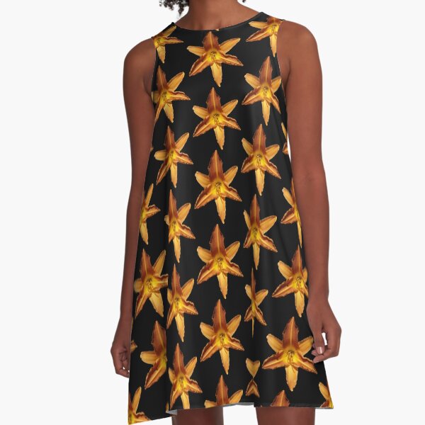 Sunset Blossom Daylily A-line dress by Adelaide artist Avril Thomas at Magpie Springs – vibrant floral print of sunset-toned orange and pink daylily blooms, all-over elegant botanical design on flowy women's dress for sale

