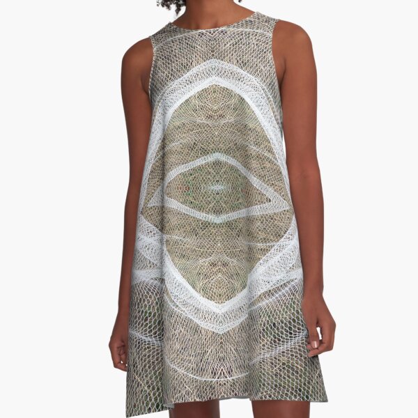 Vineyard Net Abstract 1 A-line dress by Adelaide artist Avril Thomas at Magpie Springs – geometric interwoven netting pattern in earthy tones with delicate white overlays, diamond-centered abstract vineyard-inspired print on flowy women's dress for sale

