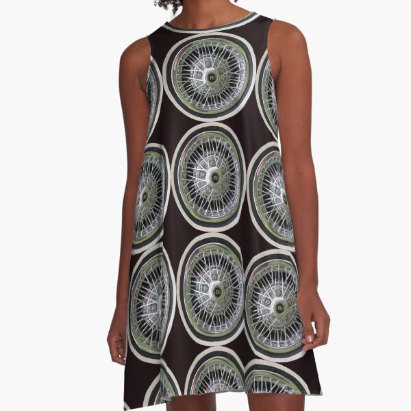 Vintage Chrome Wire Wheel & Whitewall Tire A-line dress by Adelaide artist Avril Thomas at Magpie Springs – bold close-up print of polished chrome spokes and classic whitewall tire on black backdrop, all-over retro automotive design on flowy women's dress for sale

