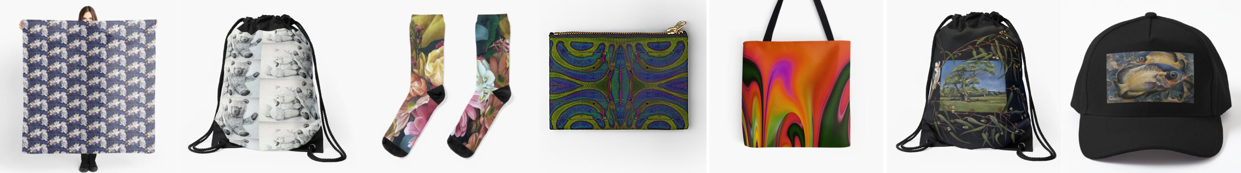 Stylish accessories collection by South Australian artist Avril Thomas on Redbubble: backpacks, drawstring bags, duffle bags, bucket hats and caps, pins, scarves, socks, laptop sleeves, mouse pads and desk mats, tote bags, and zipper pouches – practical, everyday items with artistic flair.