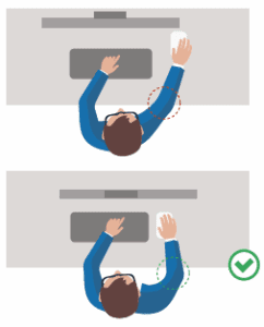 Illustration comparing proper and improper mouse positioning for ergonomic workstation setup, highlighting wrist alignment and reducing strain.