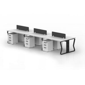 A FLOW 6 Seat Workstation with black legs dark screens and optional drawer units.