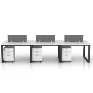 A Universal 6 Seat Workstation with black frame, white tops, and grey screens.