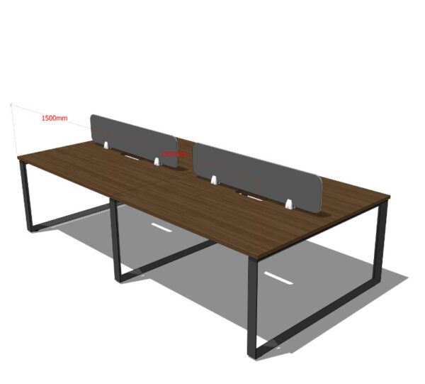 A illustration of a Universal 6 Seat Workstation with black frame, dark walnut tops, and grey screens.