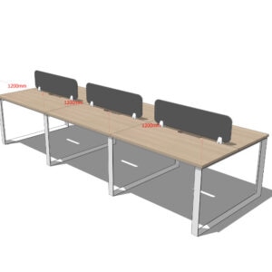 A illustration of a Universal 6 Seat Workstation with white frame, light oak tops, and grey screens.