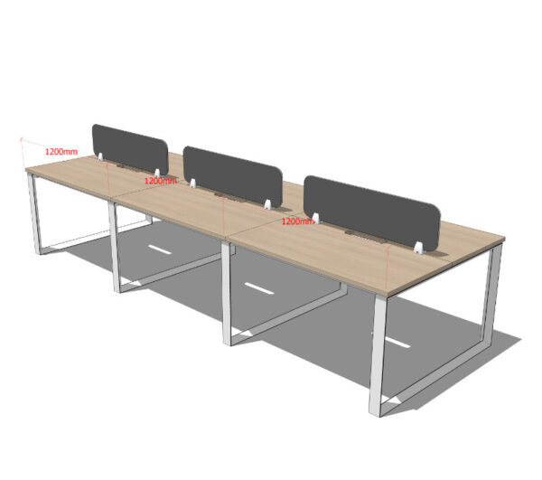 A illustration of a Universal 6 Seat Workstation with white frame, light oak tops, and grey screens.