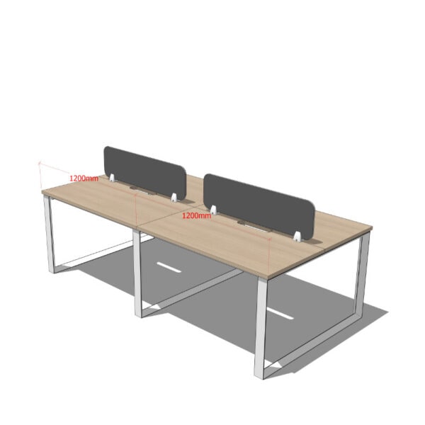 A Universal 4 Seat Workstation a light wood grain top and grey screens.