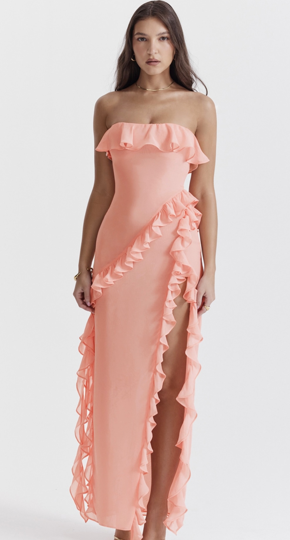 Sarina Ruffle Maxi Dress Apricot Pink – Dress Hire Studio