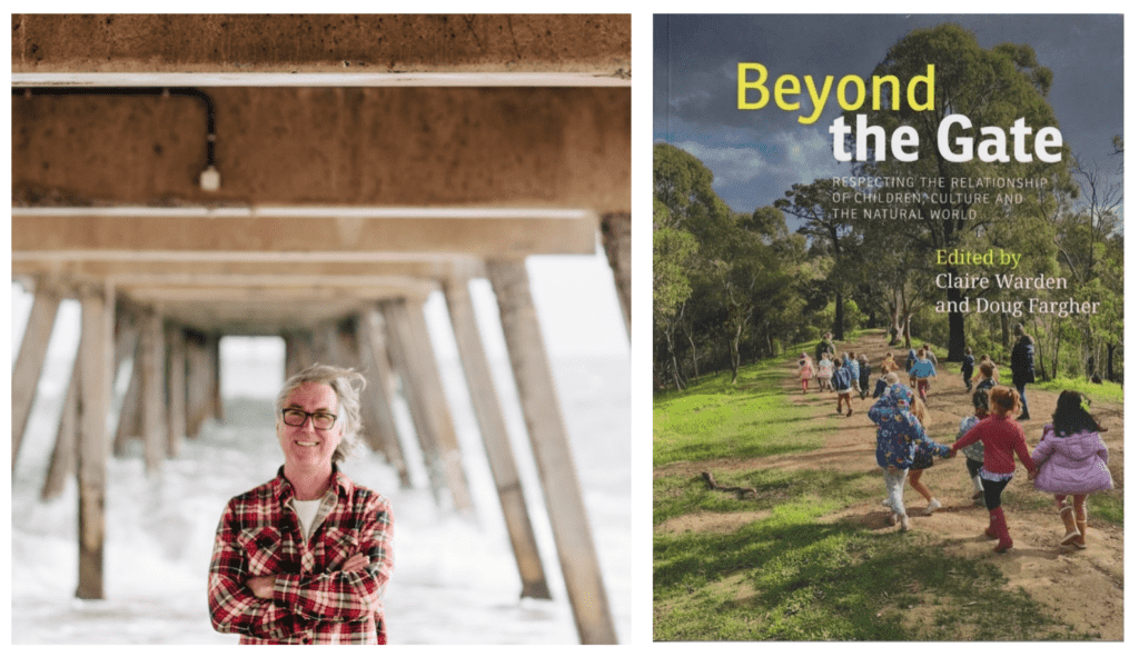 A smiling person in a plaid shirt stands under a pier, alongside a book cover featuring children exploring nature.