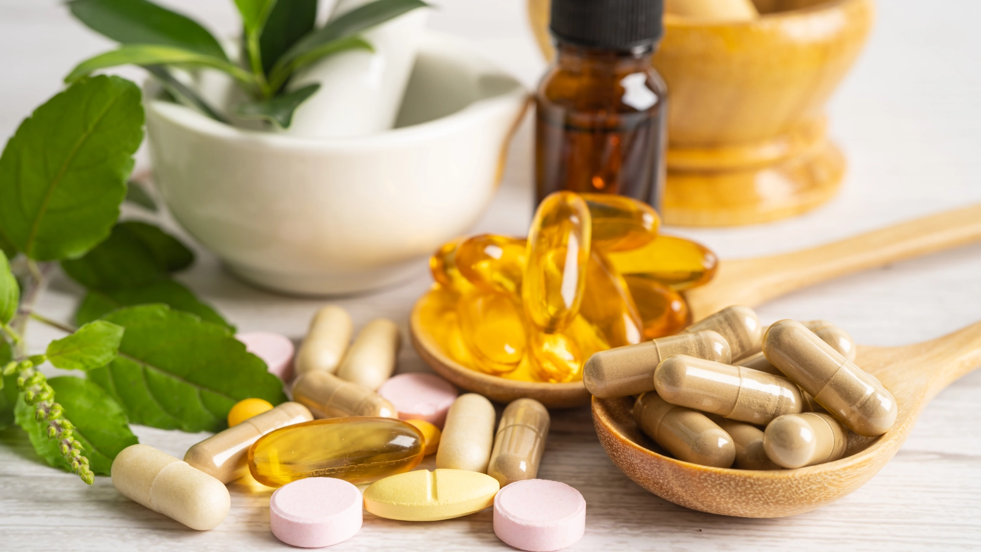 An array of anti-inflammatory nutritional supplements in capsules and tablet form