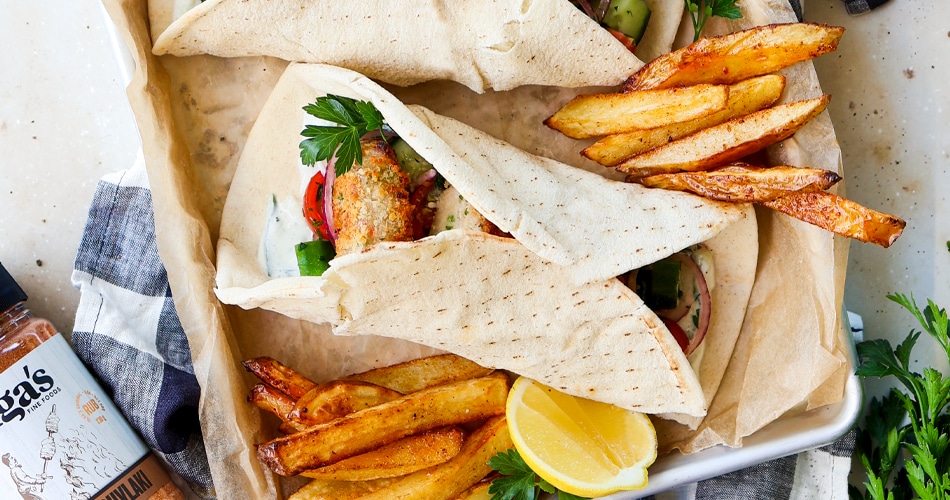 Chicken Patty Yiros with Sublime Souvlaki Chips | Olgas Fine Foods