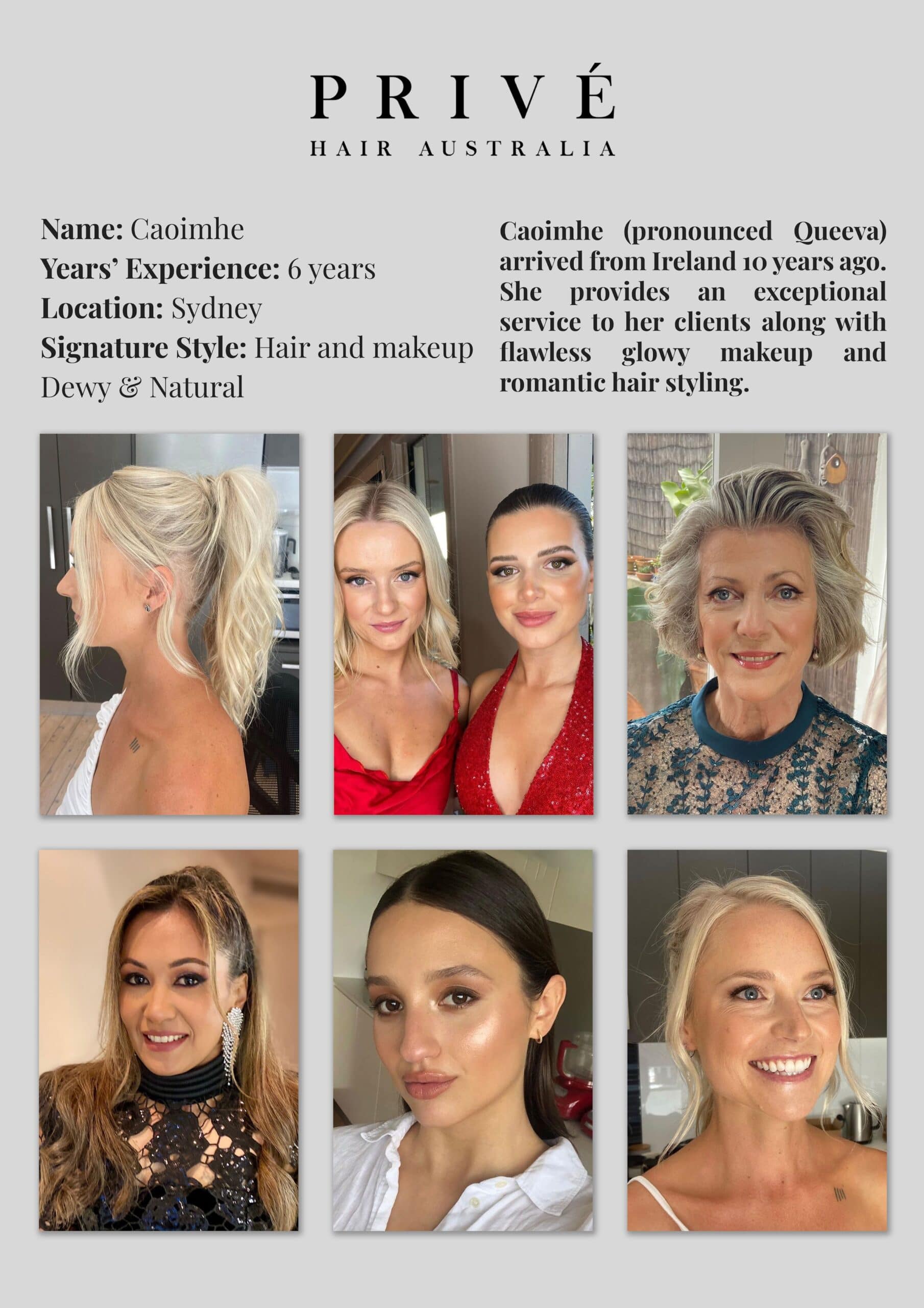 Privé Mobile Hair & Makeup Artist Portfolio Caoimhe in Sydney