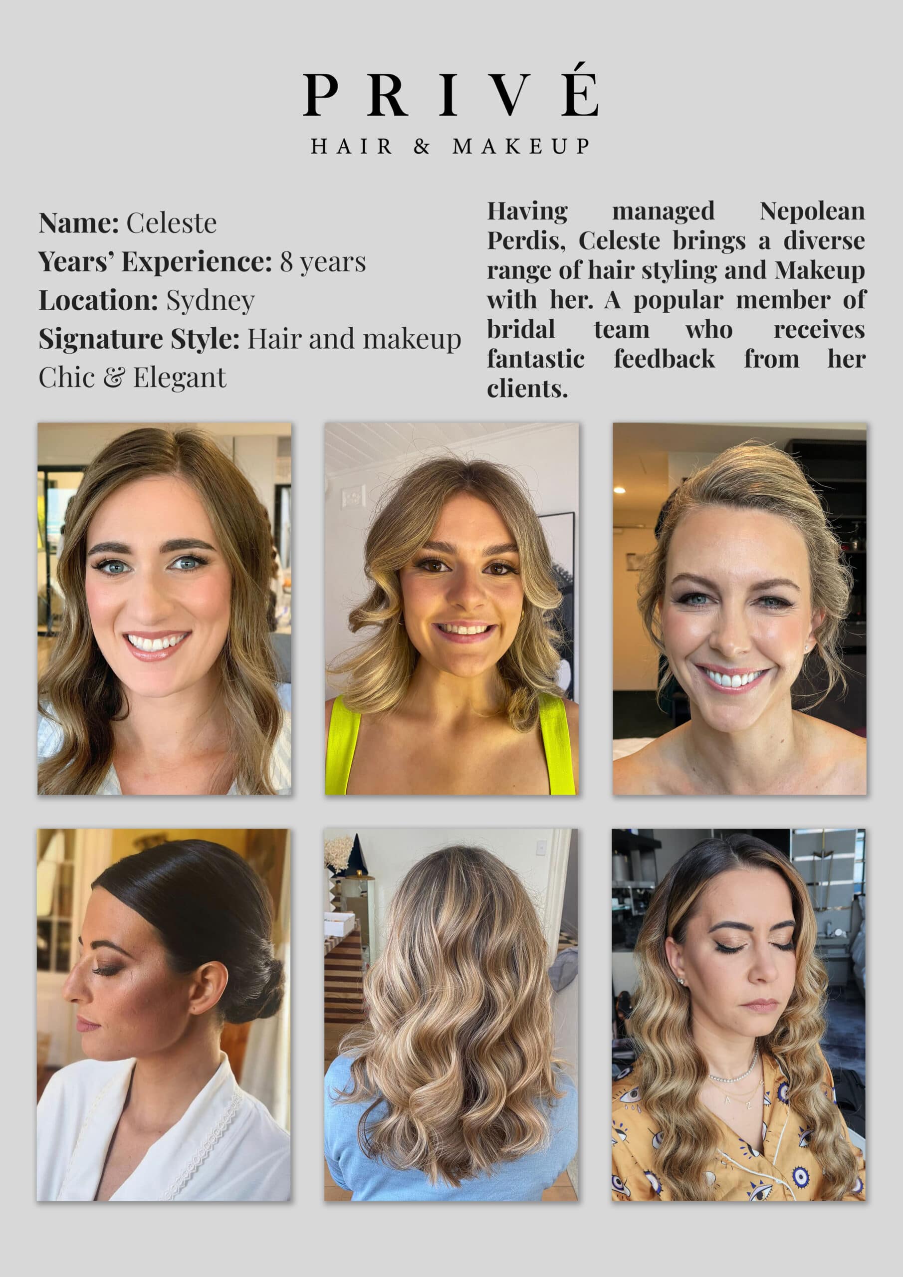 Privé Hair & Makeup Artist Portfolio - Celeste in Sydney