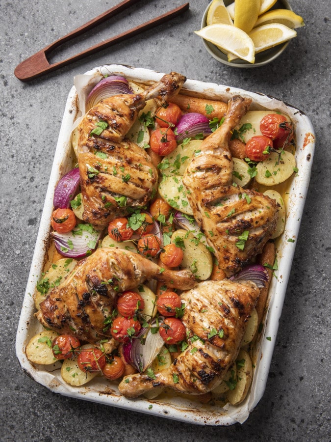 Roasted Harissa Chicken and Vegetable Tray Bake - Spudlite