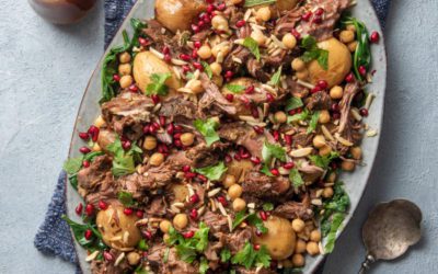 Pot Roast Lamb with Pomegranate, Baby Potatoes, Chickpeas and Spinach