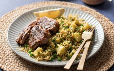 Grilled Lamb Chops with Potato, Pea and Mint Pilaf