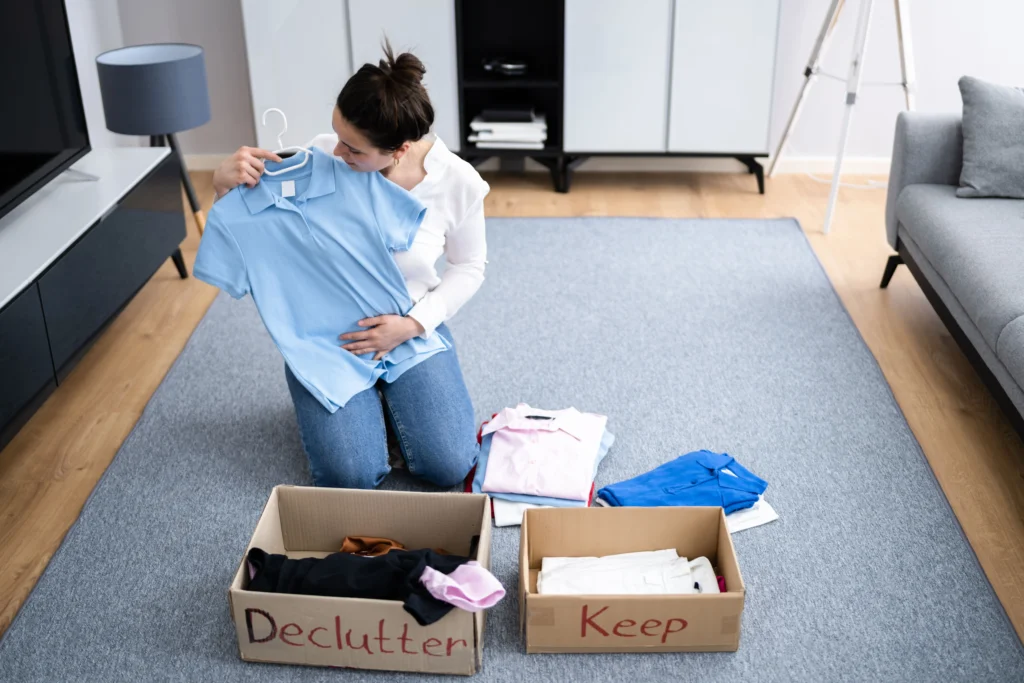 woman sorting clothes into keep and declutter boxes to sell because she can't afford christmas | Swoosh Finance