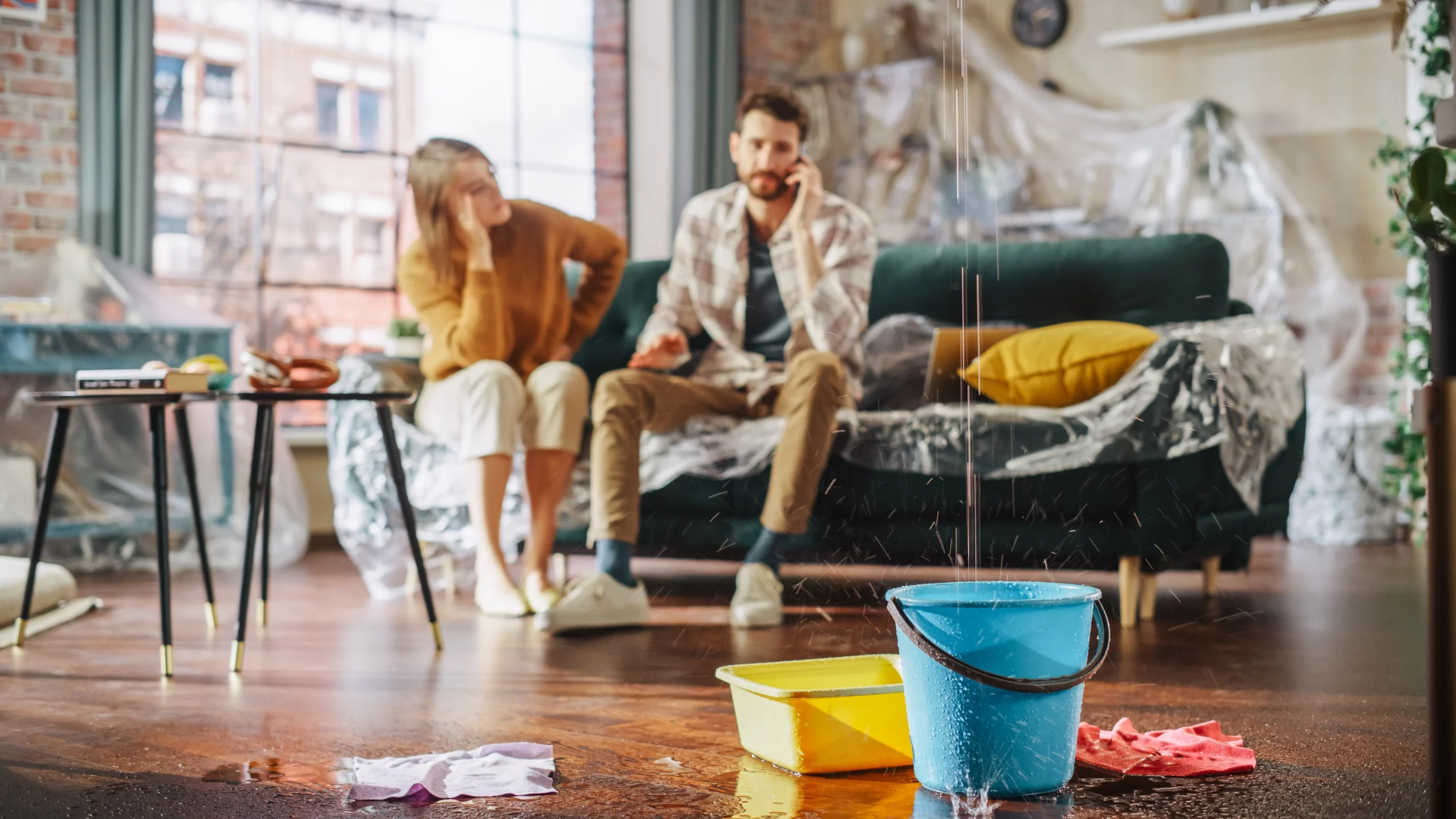 couple sitting on couch calling for help as their roof leaks; a guide to emergency loans | Swoosh Finance
