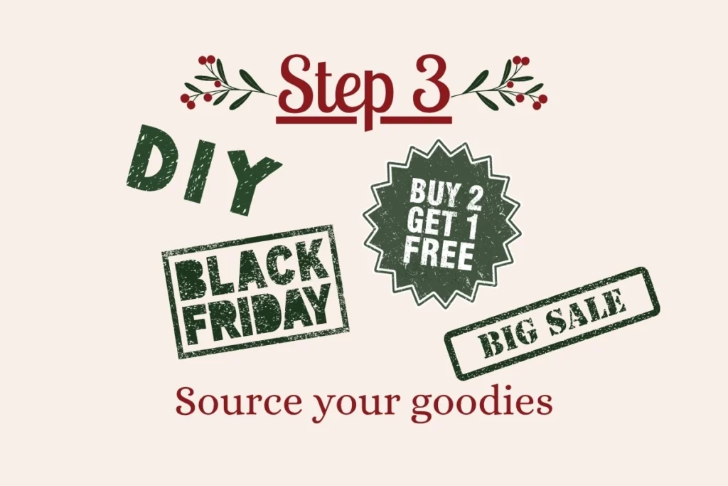 Step 3 source your goodies for DIY christmas hamper graphic with stamps for sales and DIY | Swoosh Finance