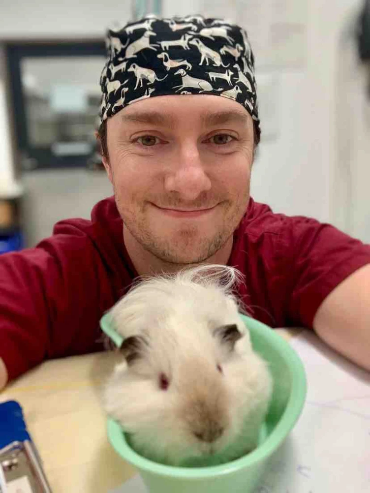 Dr Scott Cumming wearing a bandanna, smiling, with a cute Guinea Pig patient in a green tub.