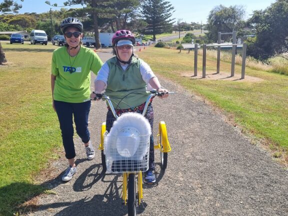 Two individuals at the start of the freedom wheels community trike ride at Kangaroo island.
