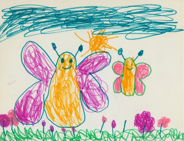 a child's creating drawing if two butterflies in a field