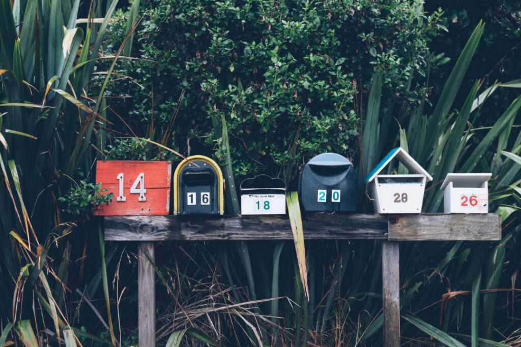 An image showing a row of letterboxes in front of shrubs and flax in New Zealand